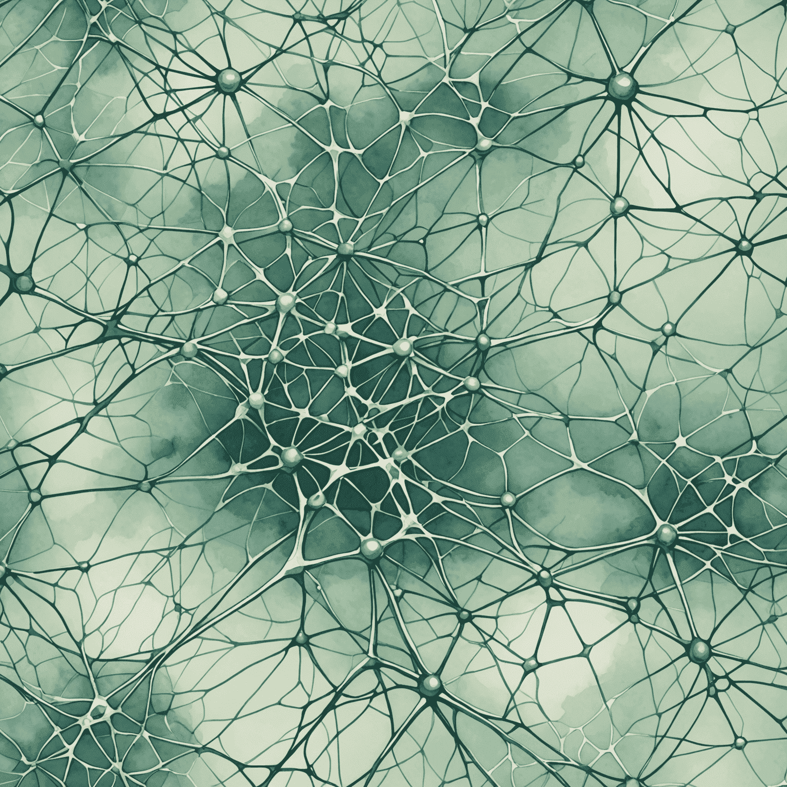 Ilustración de una red neuronal con conexiones orgánicas y nodos que se asemejan a neuronas cerebrales, dibujada en estilo acuarela con tonos suaves de verde salvia y azul cielo