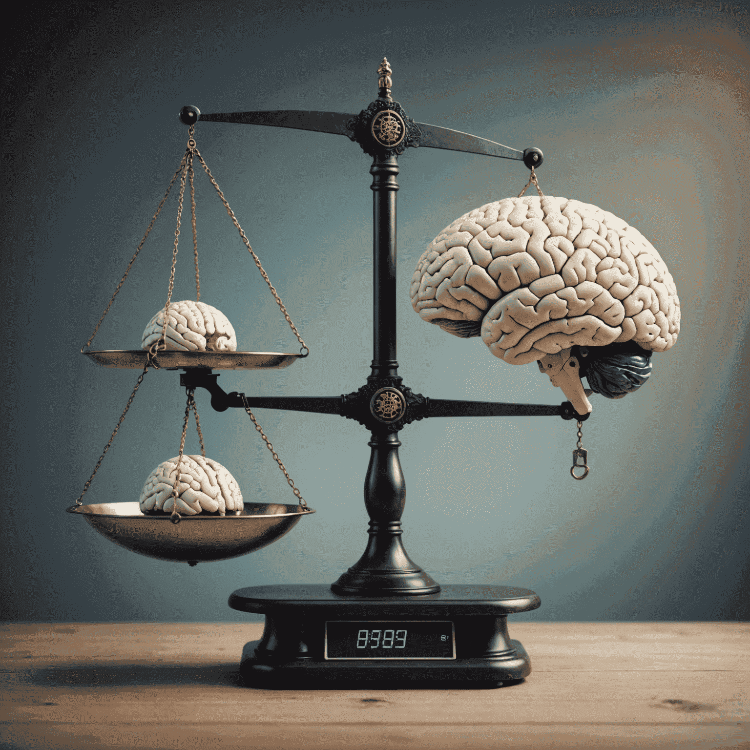 Imagen conceptual que muestra una balanza con un cerebro artificial en un lado y un símbolo de ética en el otro, representando el equilibrio entre el desarrollo de la IA y la ética