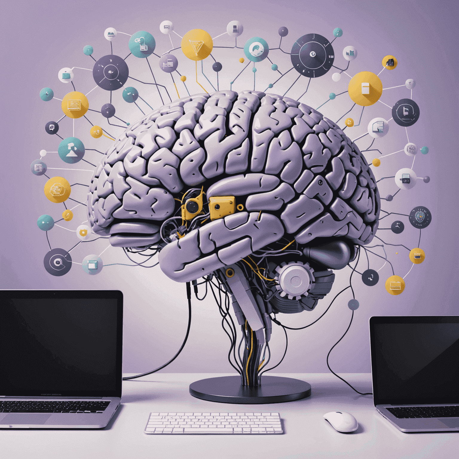 Ilustración de un cerebro humano conectado a varios dispositivos tecnológicos, simbolizando la conexión entre el aprendizaje humano y el aprendizaje automático, con colores suaves de lavanda y amarillo pálido