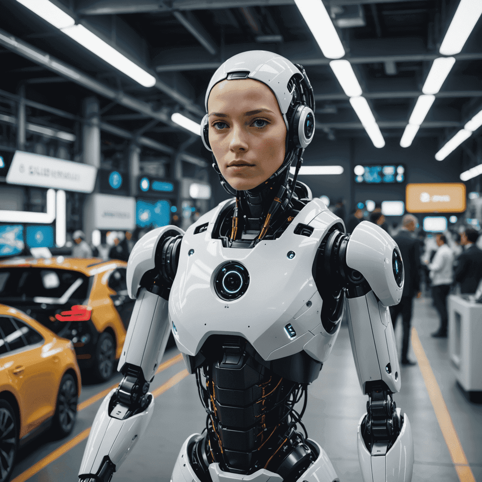 Una imagen futurista que muestra tecnologías de IA avanzadas como robots, vehículos autónomos y asistentes virtuales